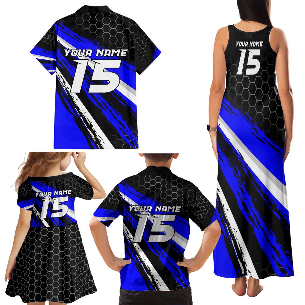 Custom Blue Motocross Family Matching Tank Maxi Dress and Hawaiian Shirt with Dirt Bike Rider Graphic Design on Honeycomb Pattern - Wonder Print Shop