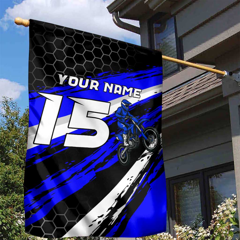 Custom Blue Motocross Garden Flag with Dirt Bike Rider Graphic Design on Honeycomb Pattern - Wonder Print Shop
