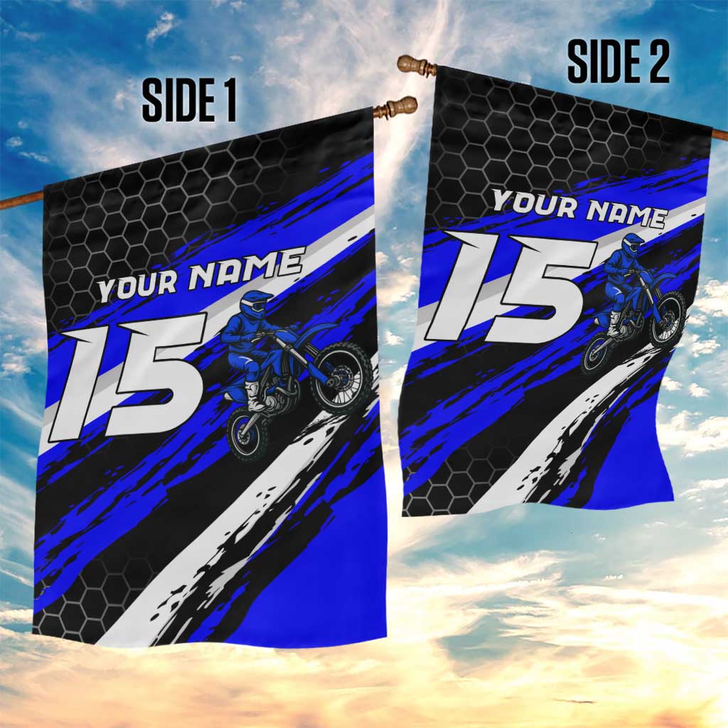 Custom Blue Motocross Garden Flag with Dirt Bike Rider Graphic Design on Honeycomb Pattern - Wonder Print Shop
