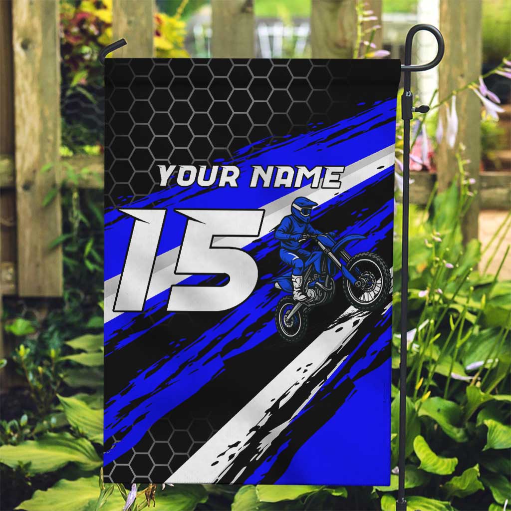 Custom Blue Motocross Garden Flag with Dirt Bike Rider Graphic Design on Honeycomb Pattern - Wonder Print Shop