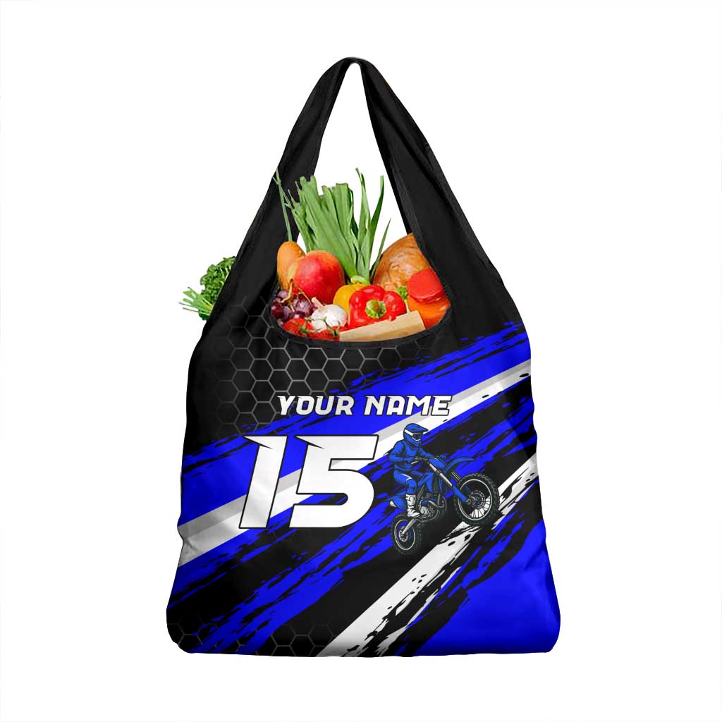 Custom Blue Motocross Grocery Bag with Dirt Bike Rider Graphic Design on Honeycomb Pattern - Wonder Print Shop