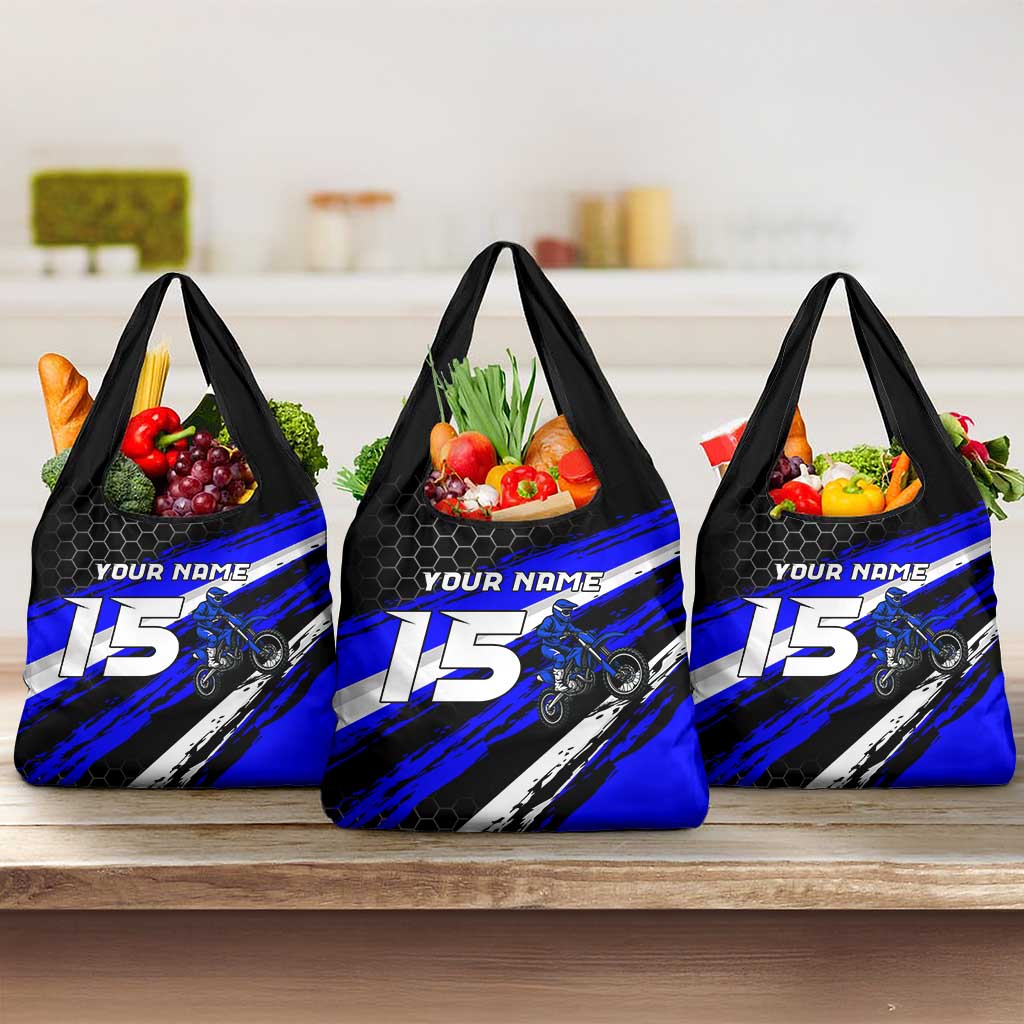 Custom Blue Motocross Grocery Bag with Dirt Bike Rider Graphic Design on Honeycomb Pattern - Wonder Print Shop