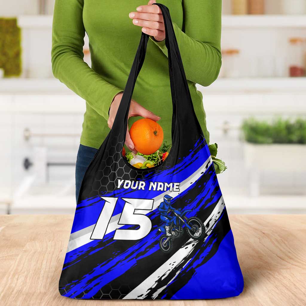 Custom Blue Motocross Grocery Bag with Dirt Bike Rider Graphic Design on Honeycomb Pattern - Wonder Print Shop