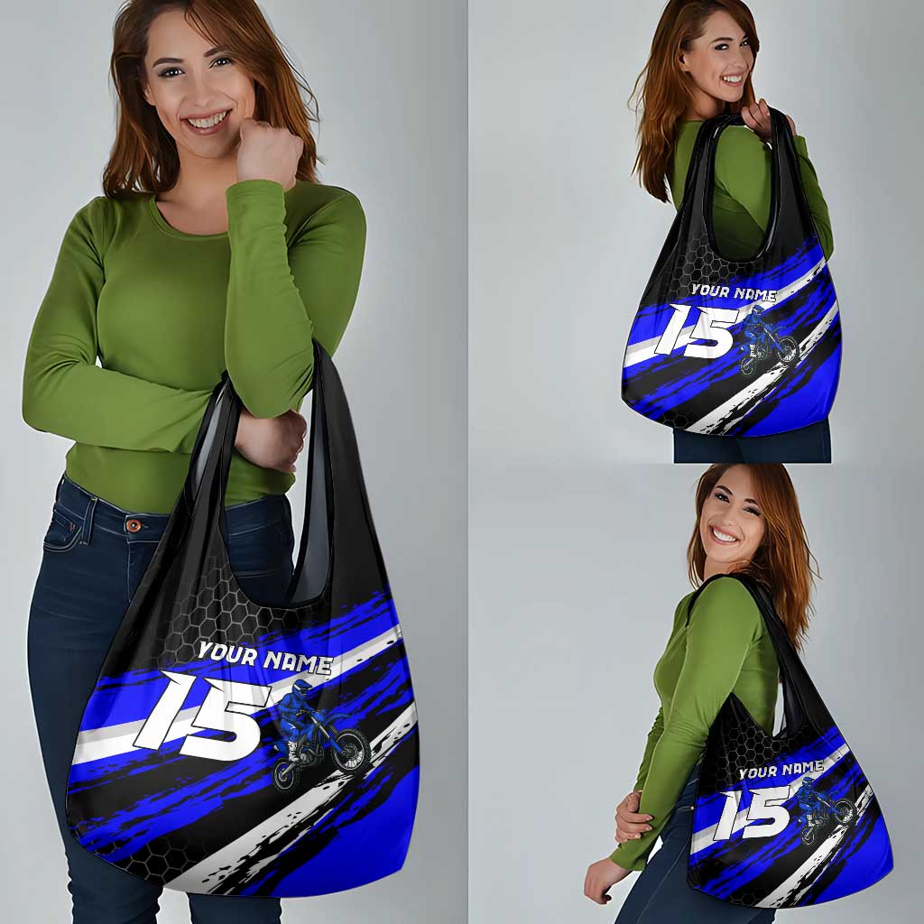 Custom Blue Motocross Grocery Bag with Dirt Bike Rider Graphic Design on Honeycomb Pattern - Wonder Print Shop
