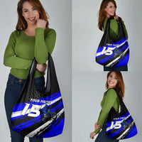 Custom Blue Motocross Grocery Bag with Dirt Bike Rider Graphic Design on Honeycomb Pattern - Wonder Print Shop