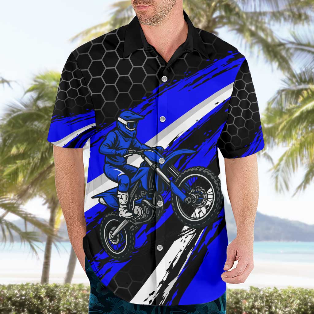 Custom Blue Motocross Hawaiian Shirt with Dirt Bike Rider Graphic Design on Honeycomb Pattern - Wonder Print Shop