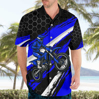 Custom Blue Motocross Hawaiian Shirt with Dirt Bike Rider Graphic Design on Honeycomb Pattern - Wonder Print Shop