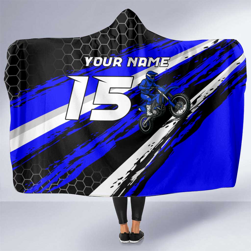 Custom Blue Motocross Hooded Blanket with Dirt Bike Rider Graphic Design on Honeycomb Pattern - Wonder Print Shop