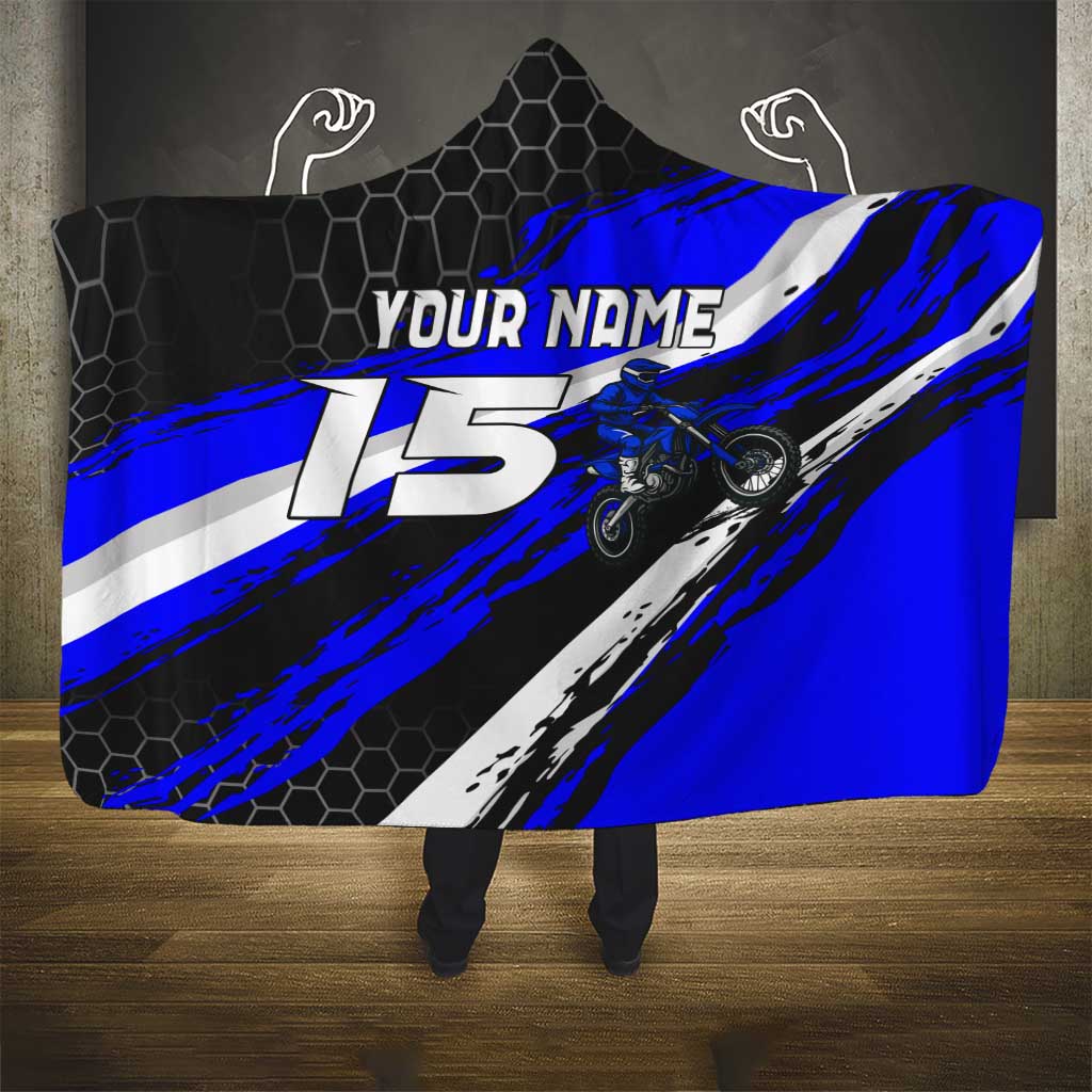 Custom Blue Motocross Hooded Blanket with Dirt Bike Rider Graphic Design on Honeycomb Pattern - Wonder Print Shop