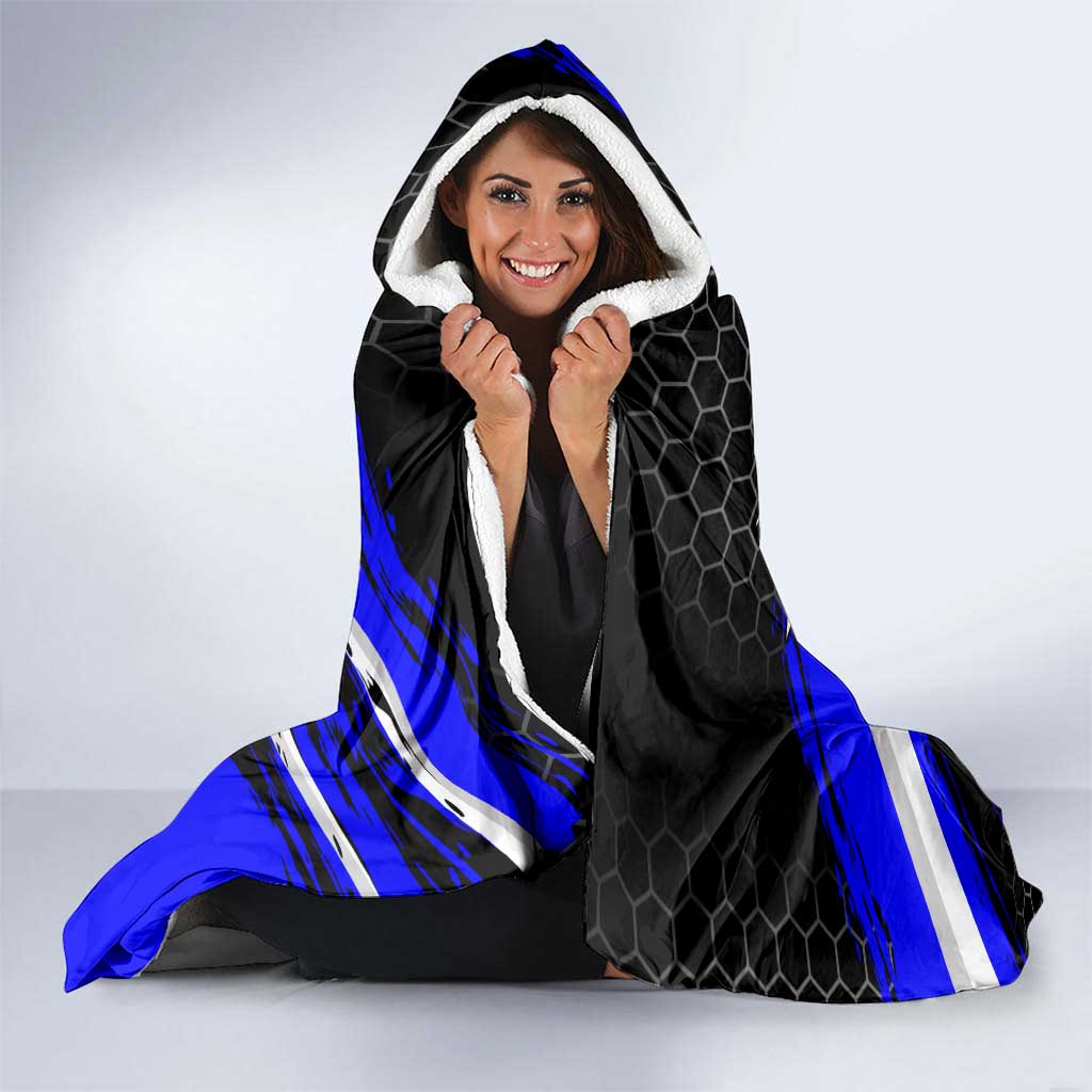 Custom Blue Motocross Hooded Blanket with Dirt Bike Rider Graphic Design on Honeycomb Pattern - Wonder Print Shop
