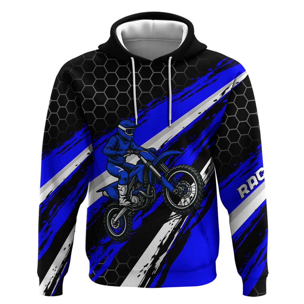 Custom Blue Motocross Hoodie with Dirt Bike Rider Graphic Design on Honeycomb Pattern - Wonder Print Shop