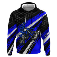 Custom Blue Motocross Hoodie with Dirt Bike Rider Graphic Design on Honeycomb Pattern - Wonder Print Shop