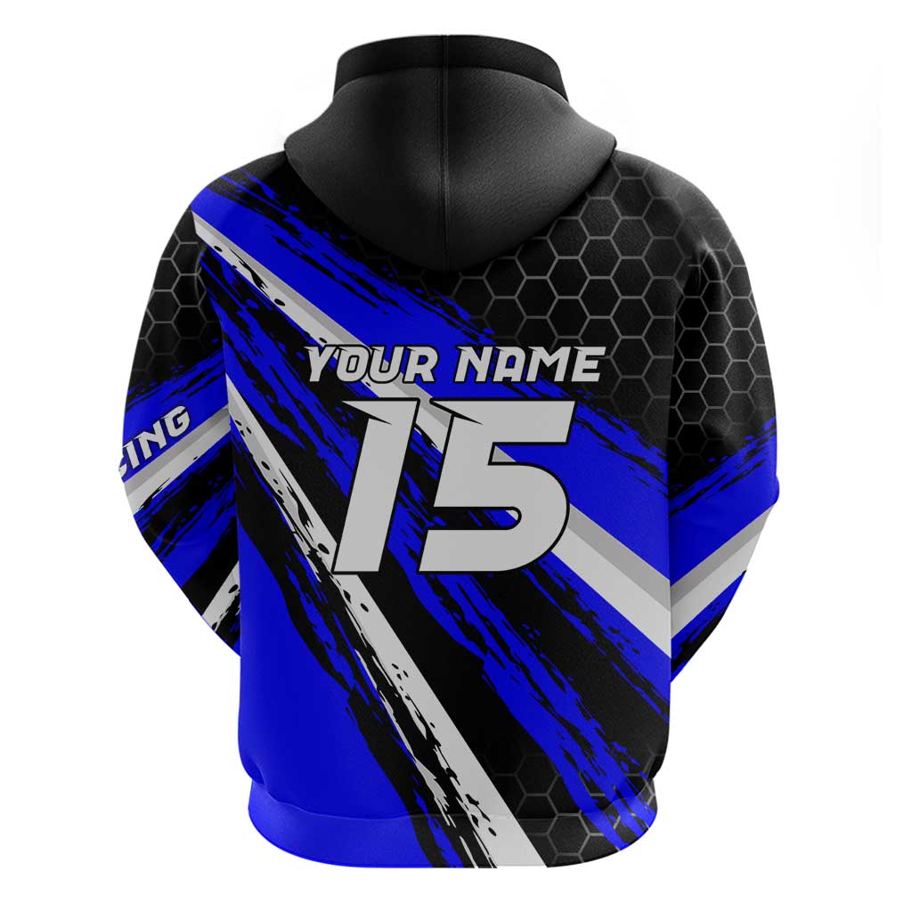 Custom Blue Motocross Hoodie with Dirt Bike Rider Graphic Design on Honeycomb Pattern - Wonder Print Shop