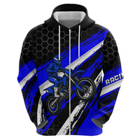 Custom Blue Motocross Hoodie with Dirt Bike Rider Graphic Design on Honeycomb Pattern - Wonder Print Shop