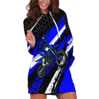 Custom Blue Motocross Hoodie Dress with Dirt Bike Rider Graphic Design on Honeycomb Pattern - Wonder Print Shop