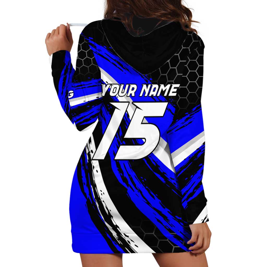 Custom Blue Motocross Hoodie Dress with Dirt Bike Rider Graphic Design on Honeycomb Pattern - Wonder Print Shop