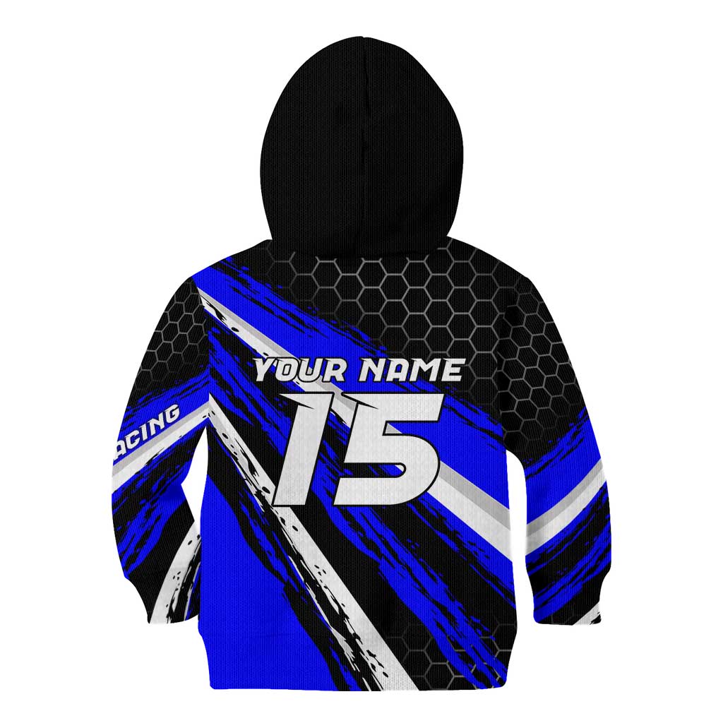 Custom Blue Motocross Kid Hoodie with Dirt Bike Rider Graphic Design on Honeycomb Pattern - Wonder Print Shop