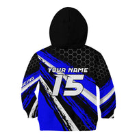Custom Blue Motocross Kid Hoodie with Dirt Bike Rider Graphic Design on Honeycomb Pattern - Wonder Print Shop