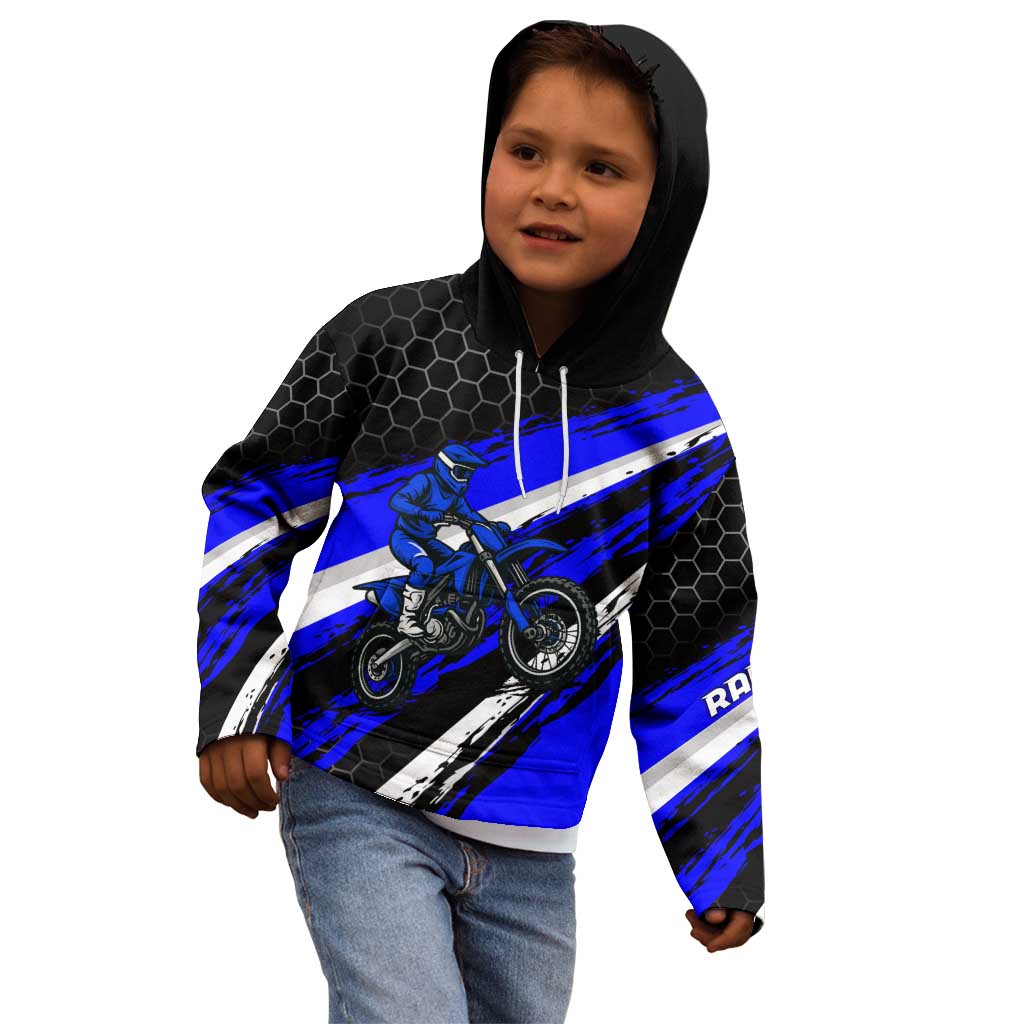 Custom Blue Motocross Kid Hoodie with Dirt Bike Rider Graphic Design on Honeycomb Pattern - Wonder Print Shop