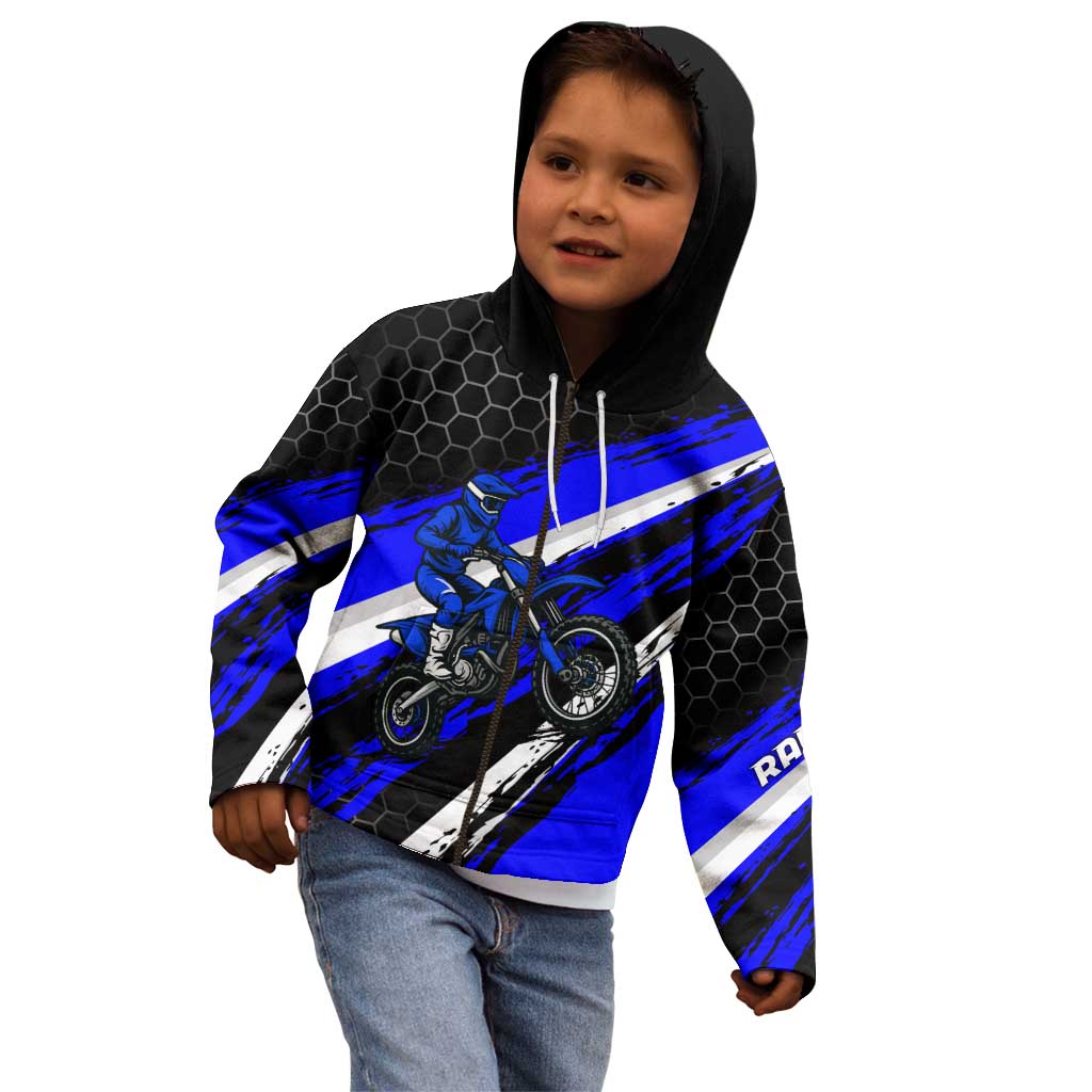 Custom Blue Motocross Kid Hoodie with Dirt Bike Rider Graphic Design on Honeycomb Pattern - Wonder Print Shop