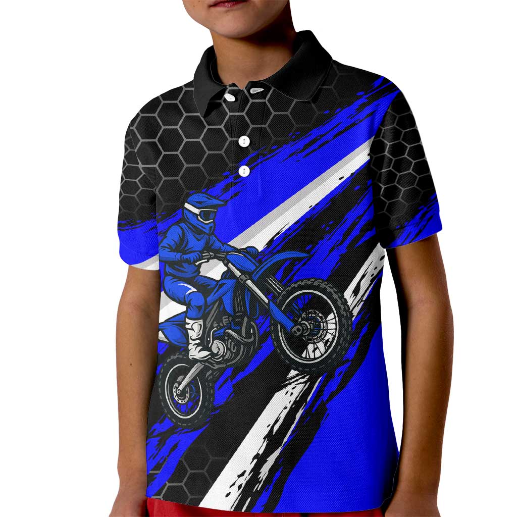 Custom Blue Motocross Kid Polo Shirt with Dirt Bike Rider Graphic Design on Honeycomb Pattern - Wonder Print Shop
