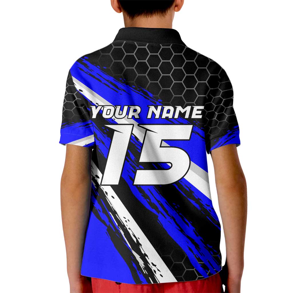 Custom Blue Motocross Kid Polo Shirt with Dirt Bike Rider Graphic Design on Honeycomb Pattern - Wonder Print Shop