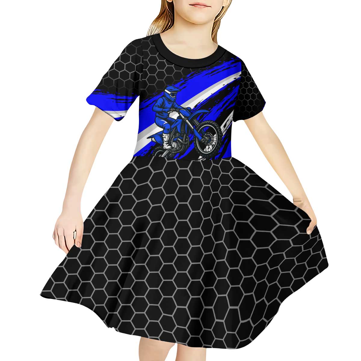 Custom Blue Motocross Kid Short Sleeve Dress with Dirt Bike Rider Graphic Design on Honeycomb Pattern - Wonder Print Shop