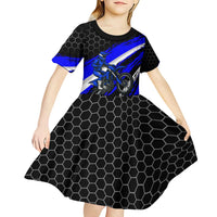 Custom Blue Motocross Kid Short Sleeve Dress with Dirt Bike Rider Graphic Design on Honeycomb Pattern - Wonder Print Shop