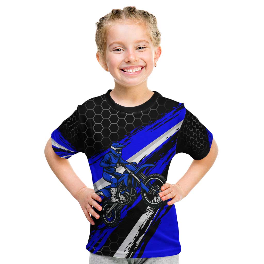 Custom Blue Motocross Kid T Shirt with Dirt Bike Rider Graphic Design on Honeycomb Pattern - Wonder Print Shop
