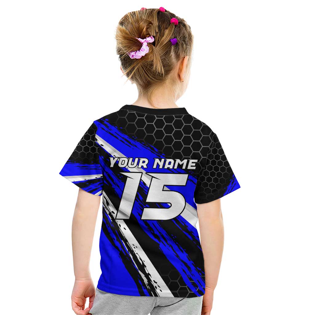 Custom Blue Motocross Kid T Shirt with Dirt Bike Rider Graphic Design on Honeycomb Pattern - Wonder Print Shop
