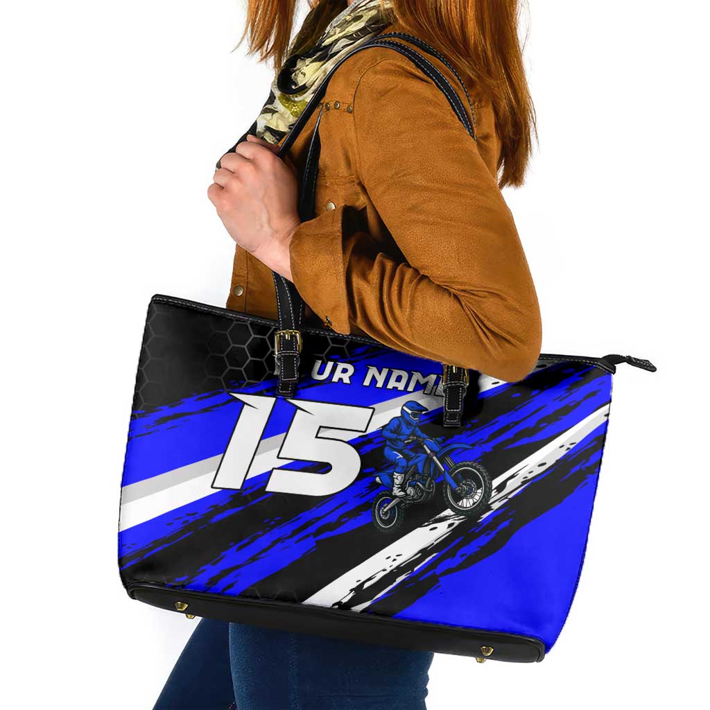 Custom Blue Motocross Leather Tote Bag with Dirt Bike Rider Graphic Design on Honeycomb Pattern - Wonder Print Shop