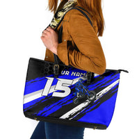 Custom Blue Motocross Leather Tote Bag with Dirt Bike Rider Graphic Design on Honeycomb Pattern - Wonder Print Shop