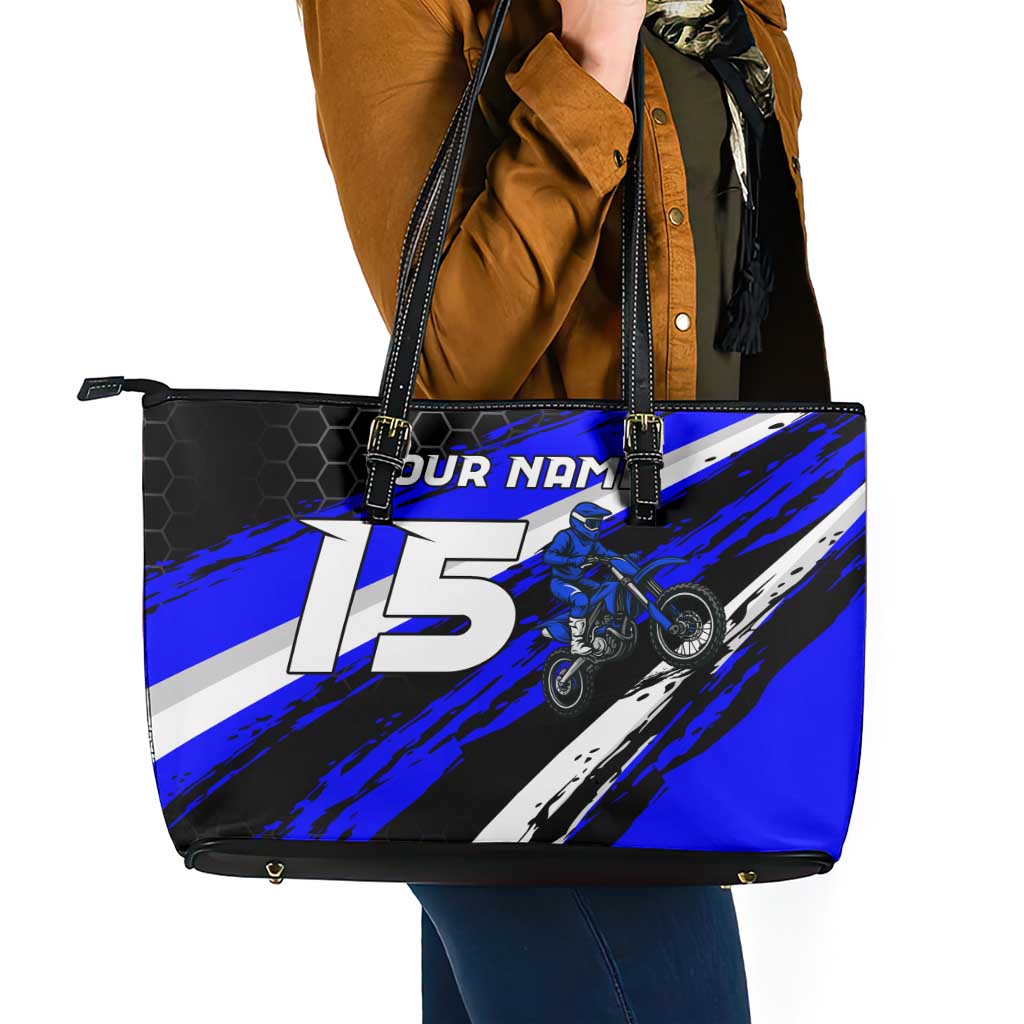 Custom Blue Motocross Leather Tote Bag with Dirt Bike Rider Graphic Design on Honeycomb Pattern - Wonder Print Shop