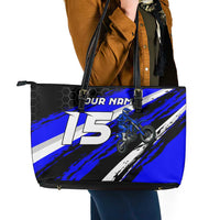 Custom Blue Motocross Leather Tote Bag with Dirt Bike Rider Graphic Design on Honeycomb Pattern - Wonder Print Shop