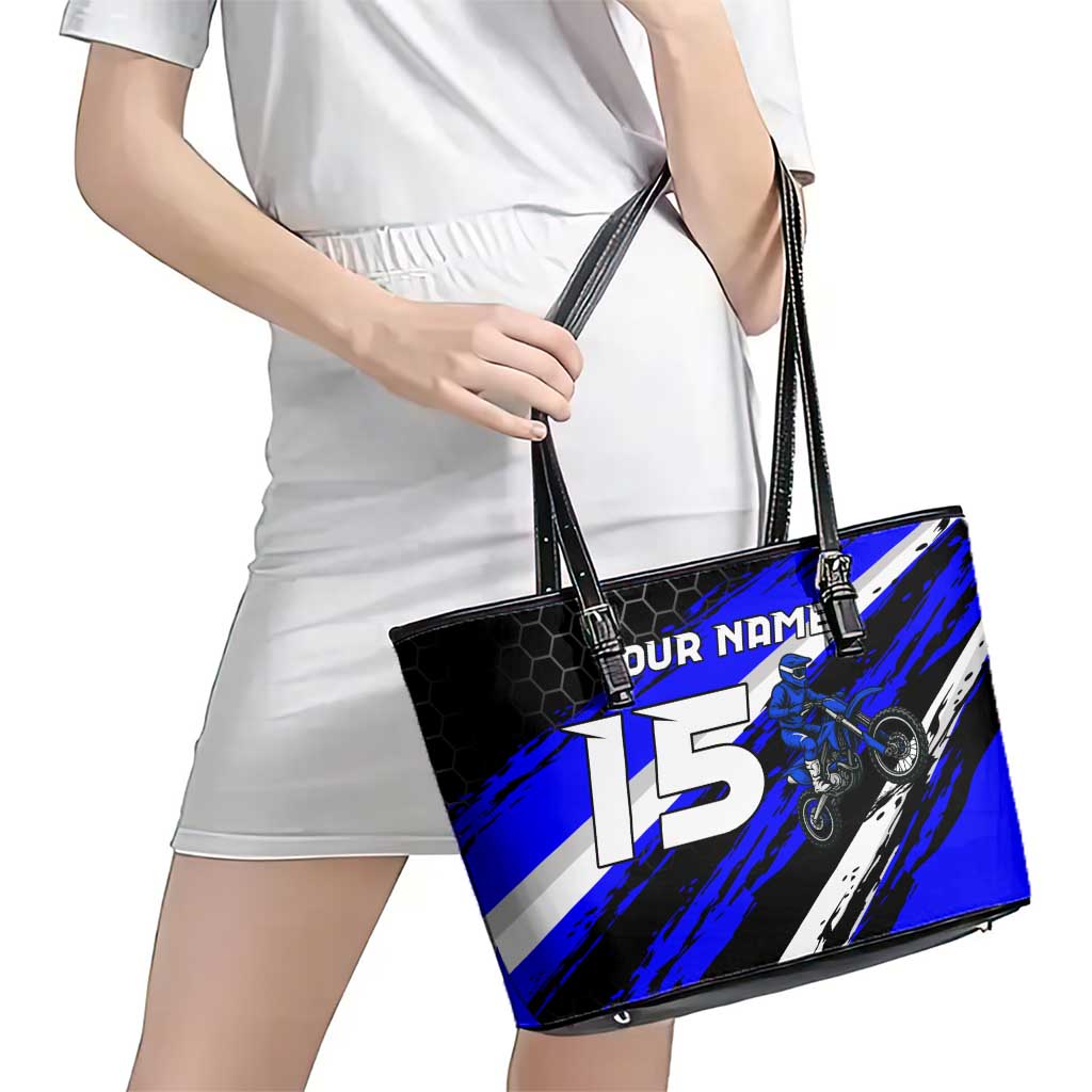 Custom Blue Motocross Leather Tote Bag with Dirt Bike Rider Graphic Design on Honeycomb Pattern - Wonder Print Shop
