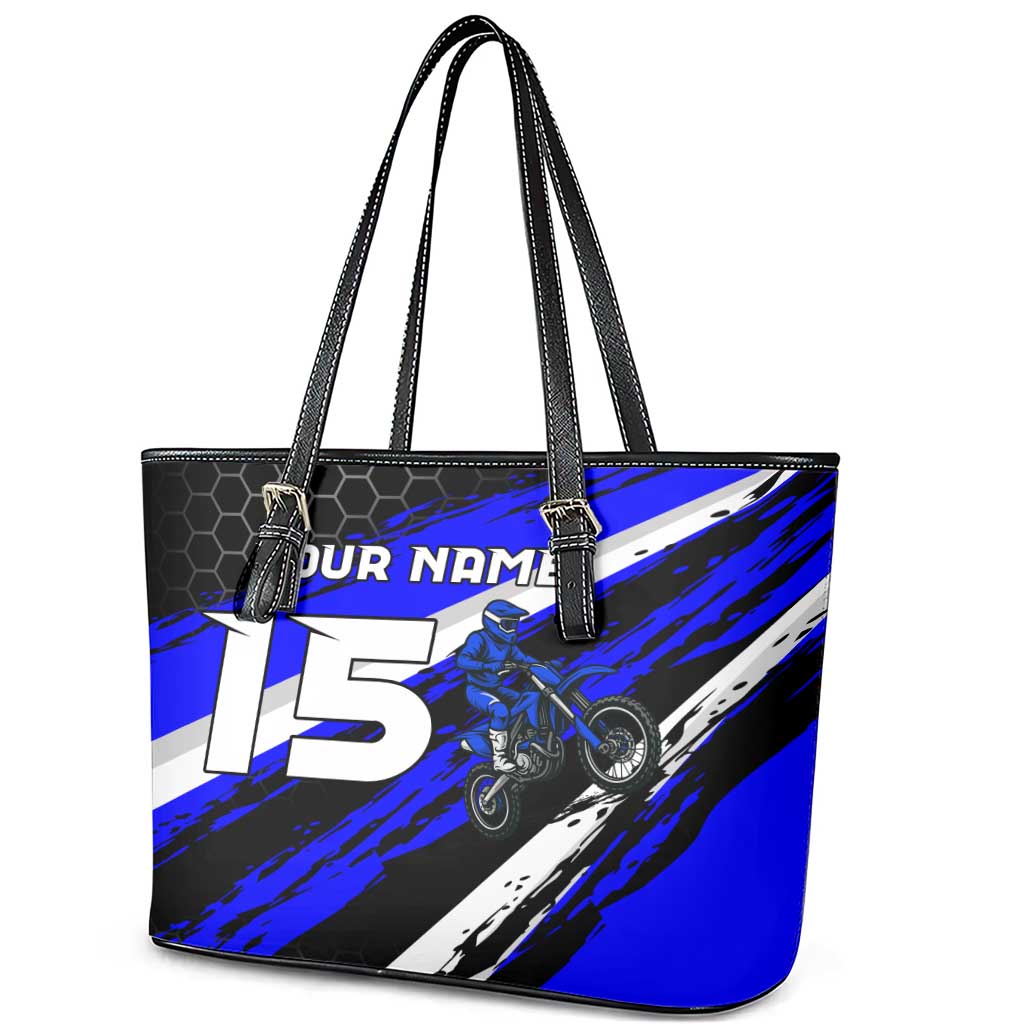 Custom Blue Motocross Leather Tote Bag with Dirt Bike Rider Graphic Design on Honeycomb Pattern - Wonder Print Shop