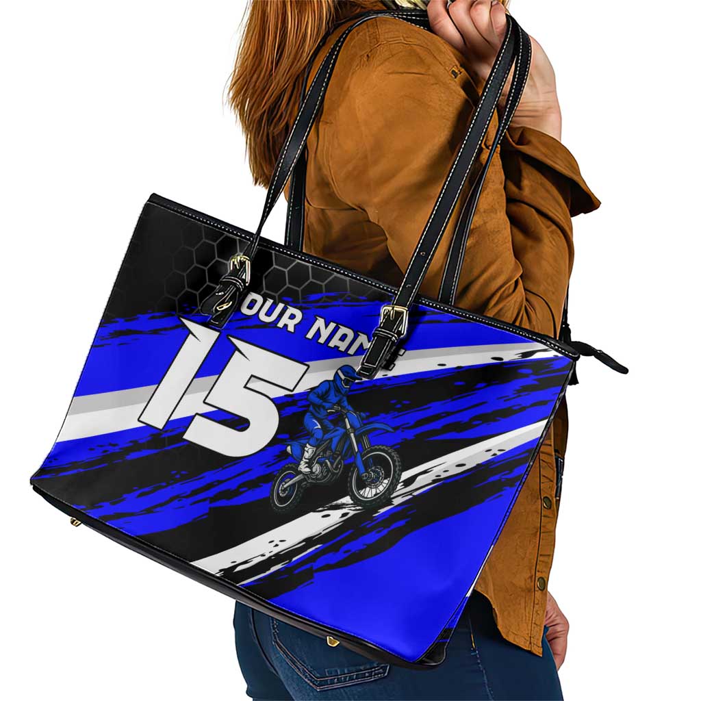Custom Blue Motocross Leather Tote Bag with Dirt Bike Rider Graphic Design on Honeycomb Pattern - Wonder Print Shop