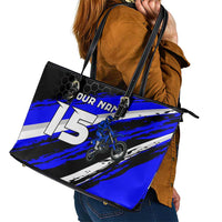 Custom Blue Motocross Leather Tote Bag with Dirt Bike Rider Graphic Design on Honeycomb Pattern - Wonder Print Shop