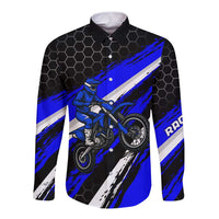 Custom Blue Motocross Long Sleeve Button Shirt with Dirt Bike Rider Graphic Design on Honeycomb Pattern - Wonder Print Shop