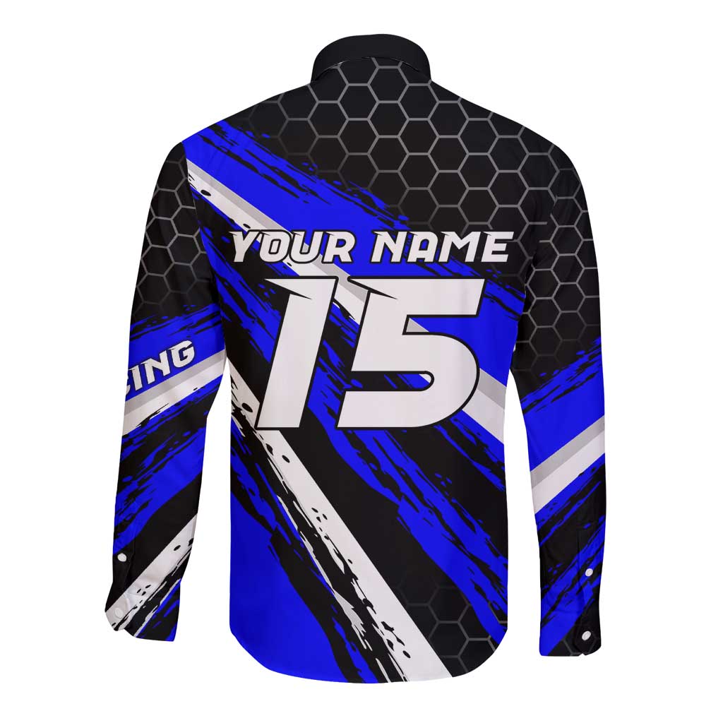 Custom Blue Motocross Long Sleeve Button Shirt with Dirt Bike Rider Graphic Design on Honeycomb Pattern - Wonder Print Shop