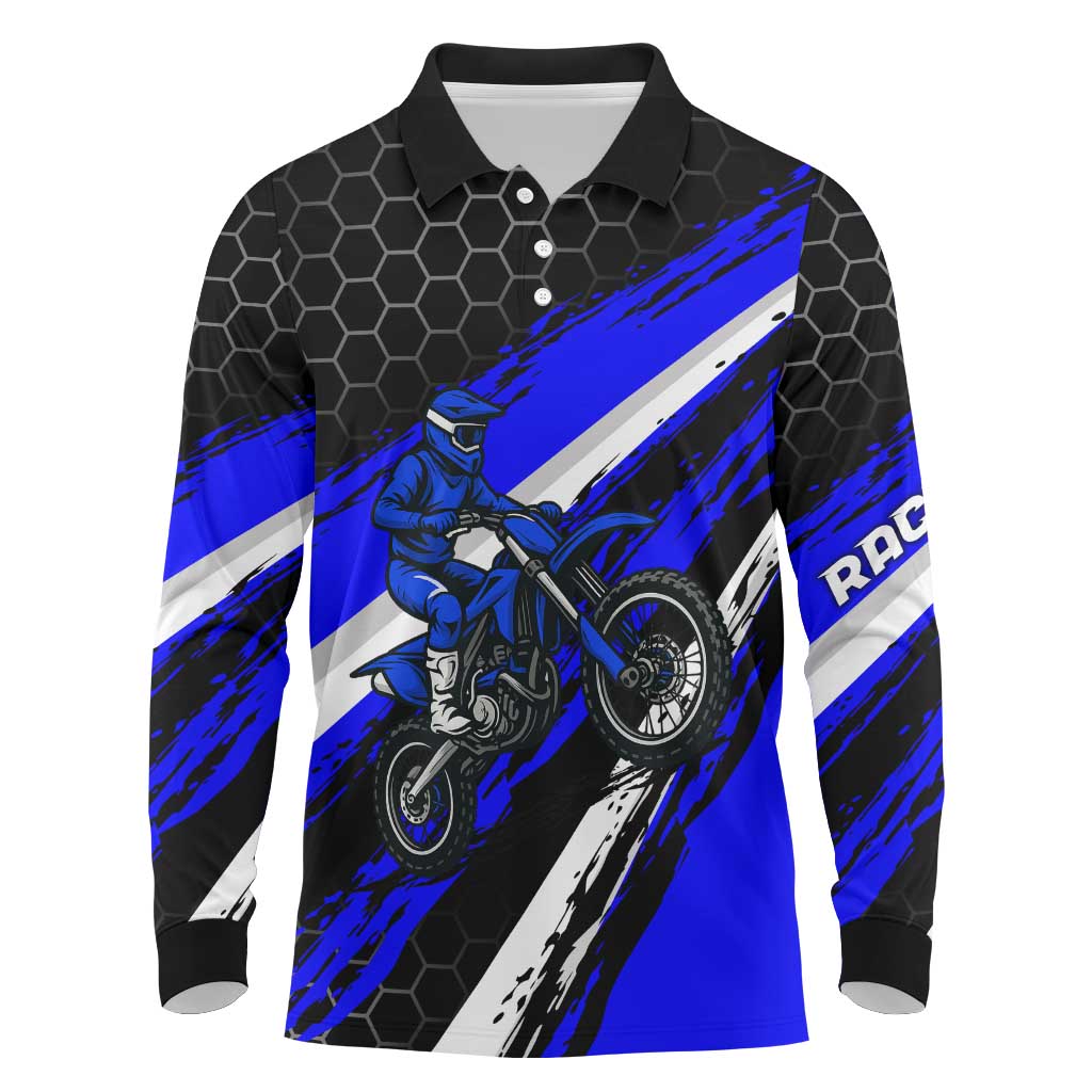 Custom Blue Motocross Long Sleeve Polo Shirt with Dirt Bike Rider Graphic Design on Honeycomb Pattern - Wonder Print Shop
