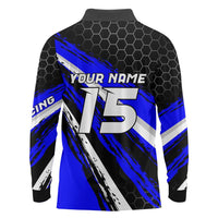 Custom Blue Motocross Long Sleeve Polo Shirt with Dirt Bike Rider Graphic Design on Honeycomb Pattern - Wonder Print Shop