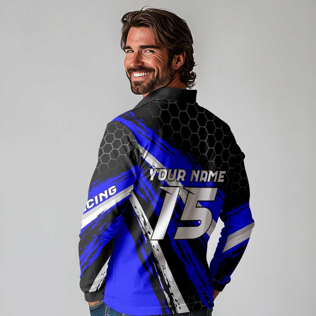 Custom Blue Motocross Long Sleeve Polo Shirt with Dirt Bike Rider Graphic Design on Honeycomb Pattern - Wonder Print Shop