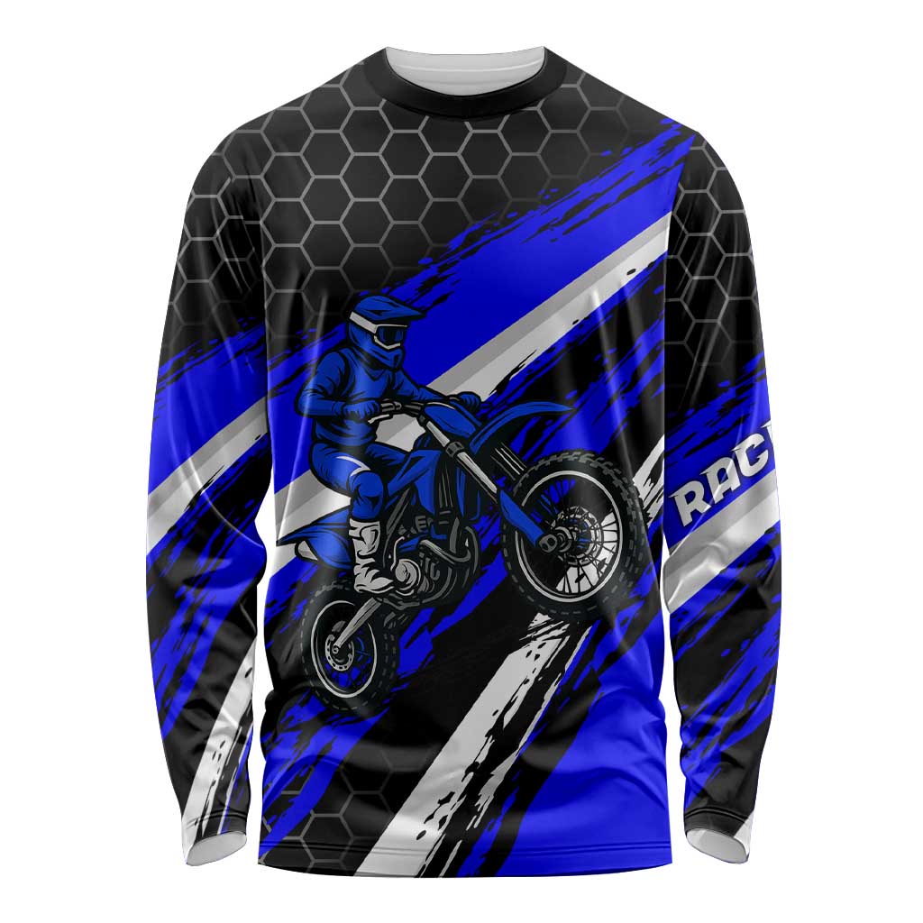 Custom Blue Motocross Long Sleeve Shirt with Dirt Bike Rider Graphic Design on Honeycomb Pattern - Wonder Print Shop