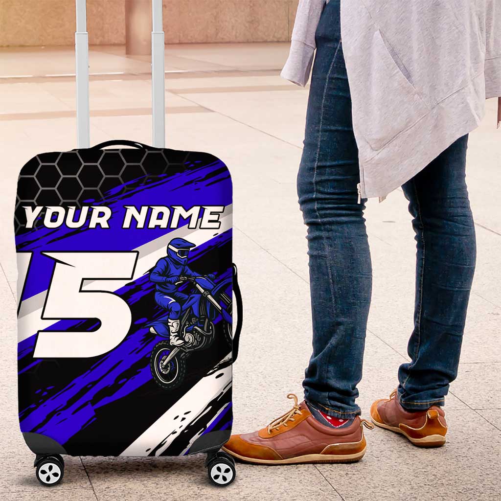 Custom Blue Motocross Luggage Cover with Dirt Bike Rider Graphic Design on Honeycomb Pattern - Wonder Print Shop