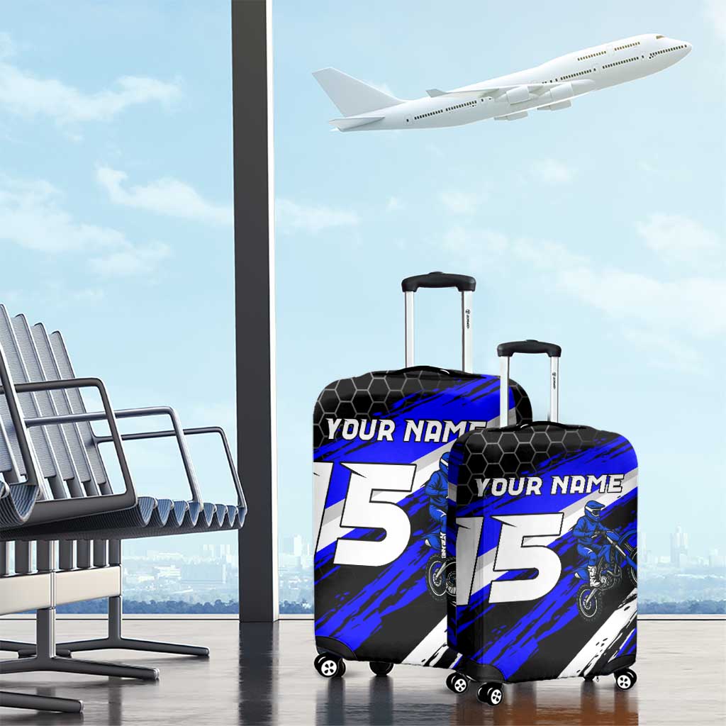 Custom Blue Motocross Luggage Cover with Dirt Bike Rider Graphic Design on Honeycomb Pattern - Wonder Print Shop