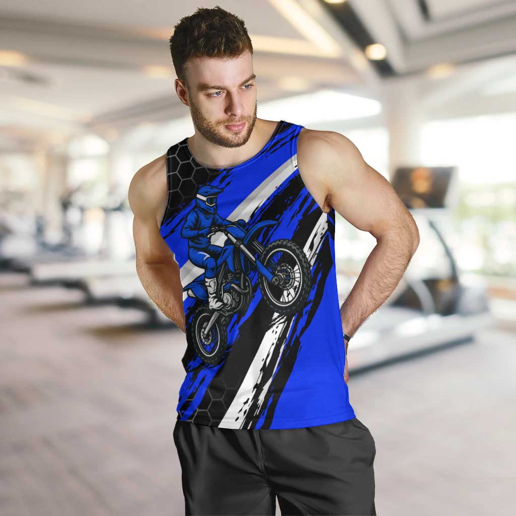 Custom Blue Motocross Men Tank Top with Dirt Bike Rider Graphic Design on Honeycomb Pattern - Wonder Print Shop