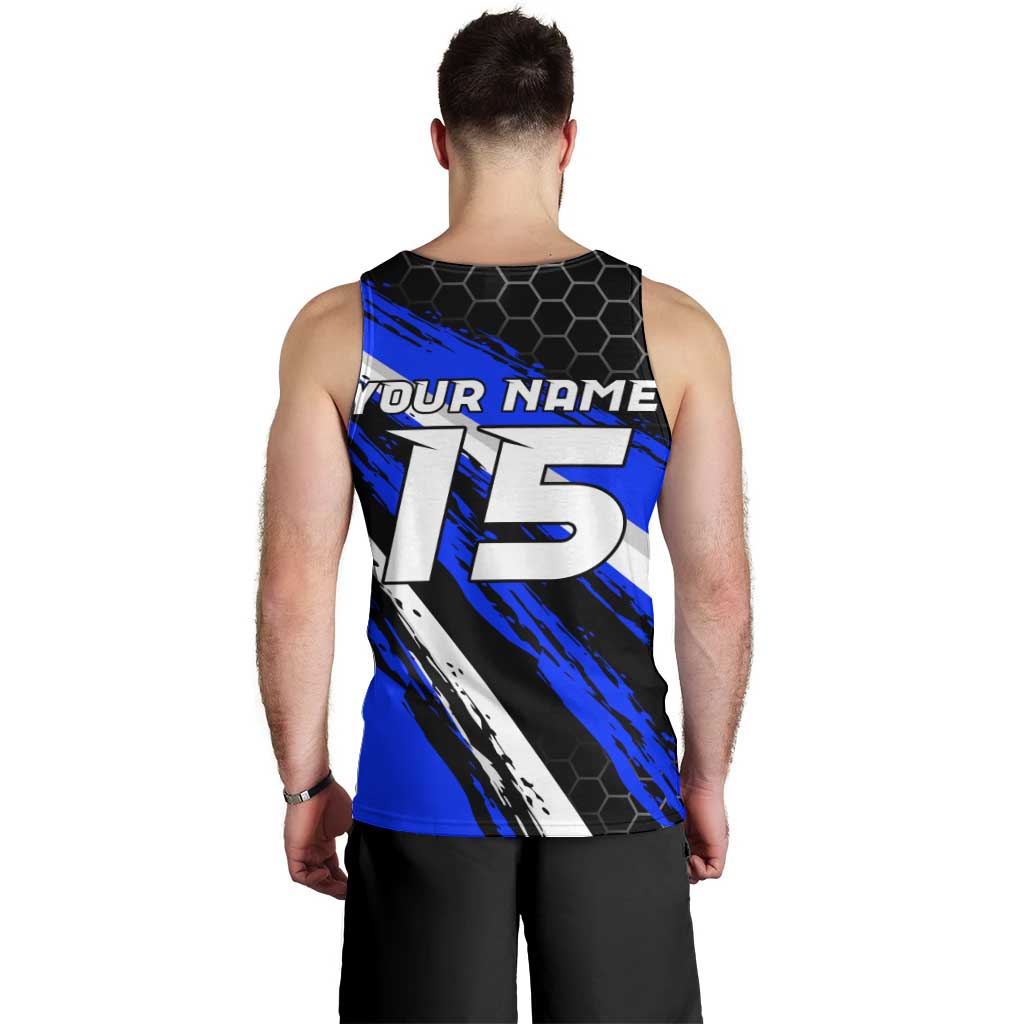 Custom Blue Motocross Men Tank Top with Dirt Bike Rider Graphic Design on Honeycomb Pattern - Wonder Print Shop