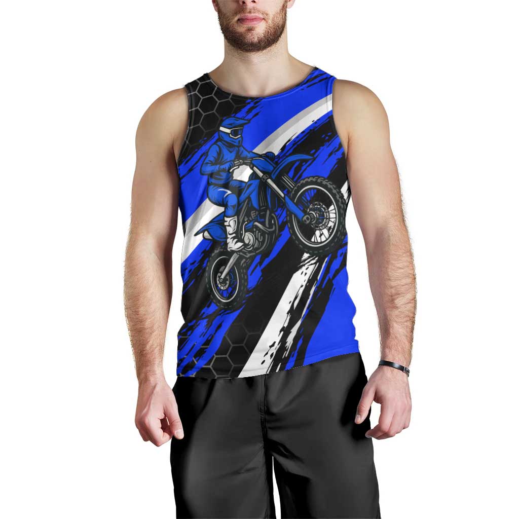 Custom Blue Motocross Men Tank Top with Dirt Bike Rider Graphic Design on Honeycomb Pattern - Wonder Print Shop