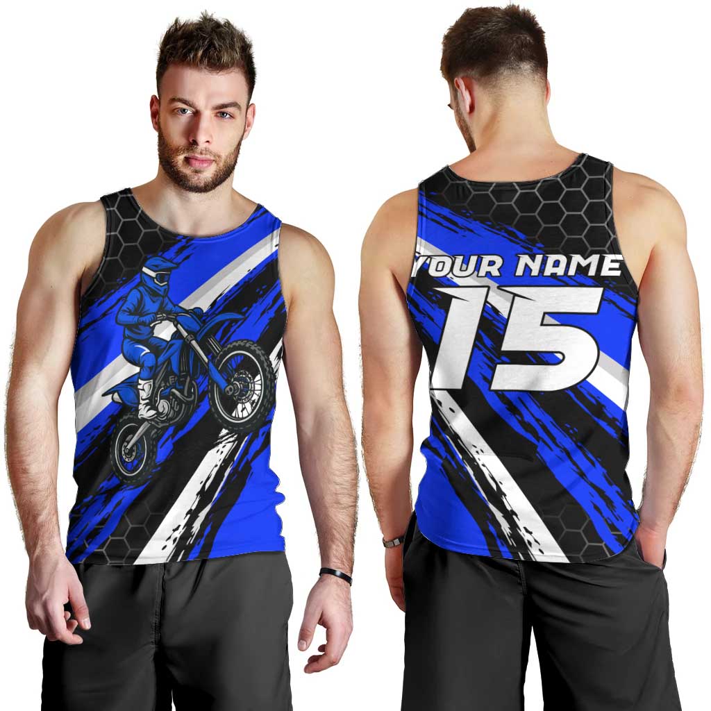 Custom Blue Motocross Men Tank Top with Dirt Bike Rider Graphic Design on Honeycomb Pattern - Wonder Print Shop